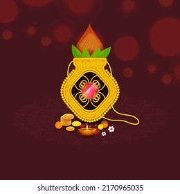 Creative Worship Pot (Kalash) With Golden Coins, Flowers, Lit Oil Lamp (Diya) And Copy Space On Dark Red Bokeh Blur Background.