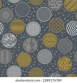 Creative wrapping paper print geometric endless ornament. Bubble shapes with geometric patterns inside. Arabic motives in bubbles. Freckled texture background. Gift wrapper design.