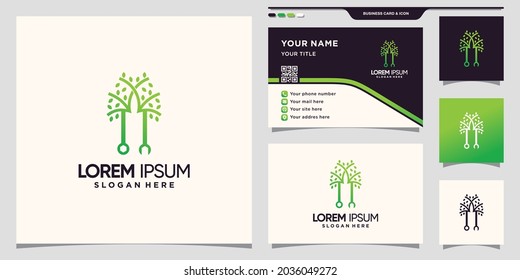 Llave creativa y logotipo de árbol con un estilo lineal único y diseño de tarjeta de visita Premium Vector