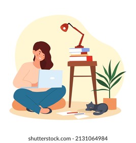 Creative writer with laptop. Freelancer and copywriting, filling site pages with content. SMM specialist and promotion on Internet. Remote worker, creative person. Cartoon flat vector illustration