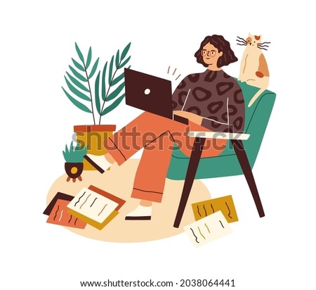 Creative writer with laptop and scattered papers around. Female author working with copies and computer. Woman creating, composing and writing. Flat vector illustration isolated on white background