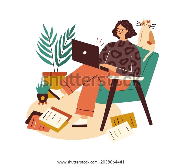 Creative writer with laptop and scattered\
papers around. Female author working with copies and computer.\
Woman creating, composing and writing. Flat vector illustration\
isolated on white\
background