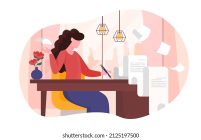 Creative writer in office. Young girl writes with pen on paper, talented author and creativity. Stories and Poems. Drafts and miscellaneous stories, imagination. Cartoon flat vector illustration