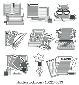 Creative writer tools, editing and modifying files, copywriting isolated icons vector. Articles and writing, documents and pen, typing machine and laptop. Newspaper or journal, book and coin stacks