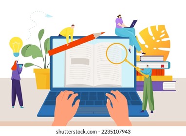 Creative writer work with laptop, writing bestseller book tiny people together hold pencil, magnifier flat vector illustration, isolated on white.