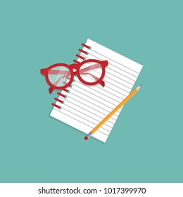 creative writer workplace icon. note book, red glasses and pencil on blue background. copywriter life style vector illustration. study, write, teach sign. Hipster job. isolated on white background