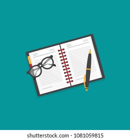 creative writer workplace icon. note book, glasses and pen on blue background. copywriter life style vector illustration. study, write, teach sign. Hipster job. isolated on white background