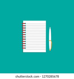 creative writer workplace icon. note book and pencil on turquoise background. copywriter life style vector illustration. study, write, teach sign. Hipster job. isolated on white background