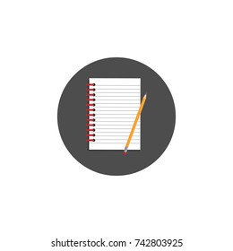 creative writer workplace icon. note book and pencil in grey circle. copywriter life style vector illustration. study, write, teach sign. Hipster job. isolated on white background