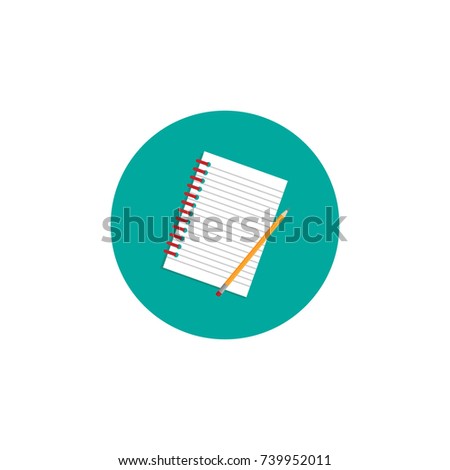 creative writer workplace icon. note book and pencil in turquoise circle. copywriter life style vector illustration. study, write, teach sign. Hipster job. isolated on white background