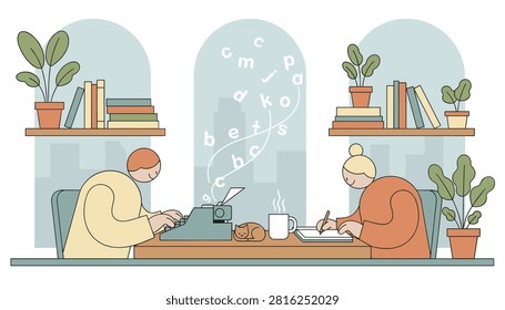 Creative writers working together at a wooden table in a home office with a classic typewriter, books, plants, and a sleeping cat.