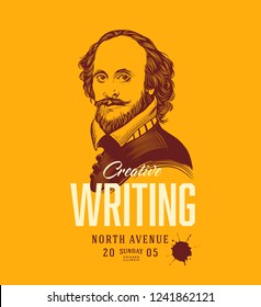 Creative Writing Banner Template. William Shakespeare Portrait. Vector Illustration