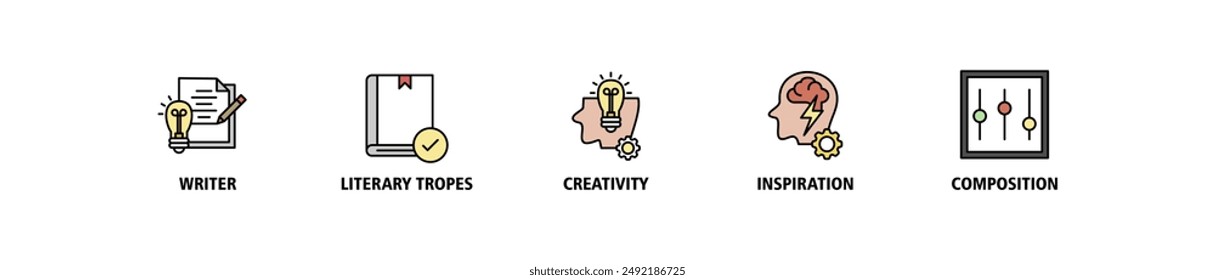 Creative writing banner web icon set vector symbol illustration concept with icon of writer, literary tropes, creativity, idea, inspiration, and composition
