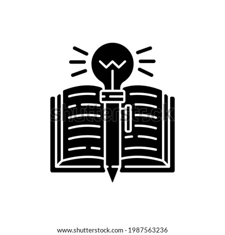 Creative writing black glyph icon. Improving writing skills idea. Critical thinking. Ability to write well. Book with pan. Silhouette symbol on white space. Vector isolated illustration