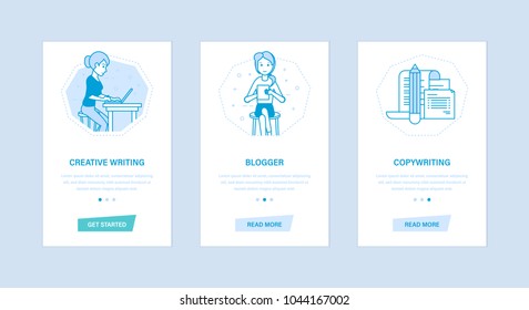 Creative writing, blogger, copywriting. Set user interfaces, screens from mobile devices, phones, smartphones. Graphic design with buttons, text information. Screens template for mobile apps.