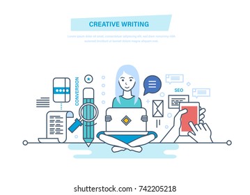 Creative writing concept. Copywriter and copywriting. Creative writing of articles and information, seo website promotion, work in office, freelance. Illustration thin line design of vector doodles.