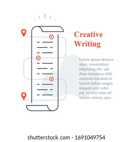 Creative writing concept, copywriting or storytelling course, paper scroll, text edit, fast reading, article content, book summary, vector line icon