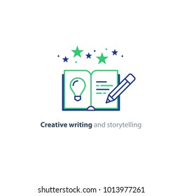 Creative writing concept, storytelling, content management, assay composition, education book, vector mono line icons