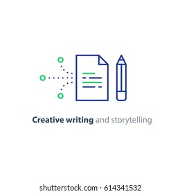 Creative writing concept, storytelling, content management, assay composition, education, vector mono line icons