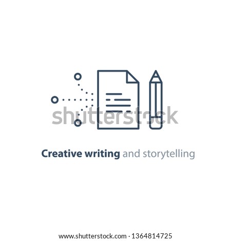 Creative writing concept, storytelling, content management, assay composition, education, vector mono line icons