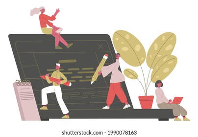 Creative writing concept. Writer, journalists or freelance bloggers writing text with laptop vector illustration. Professional storytelling characters. Freelance and journalist, write content