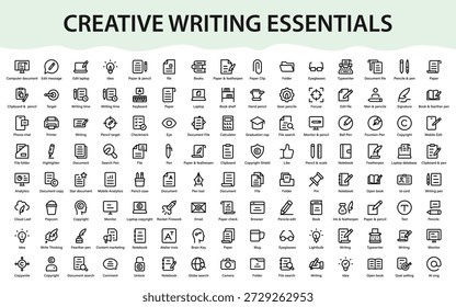Creative writing and content creation icons set featuring editing, documents, copyright, marketing, blogging, publishing, and productivity tools