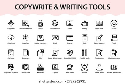Creative writing and copyright icons set featuring books, documents, pencils, files, laptop, cloud, search, publishing and content creation tools