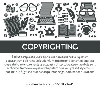 Creative Writing Or Copyrighting, Writing Tools, Content Making Isolated Icons Vector. Intellectual Property, Idea Legal Owner, Information Protection. Trademark And Data License, Plagiarism Control