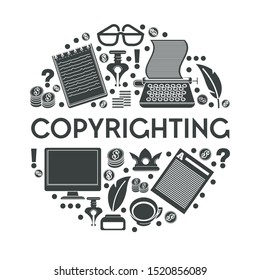 Creative writing or copywriting, education and content management for web page, isolated icon vector. Social media and newspaper article. Computer and typing machine, ink with feather and coffee