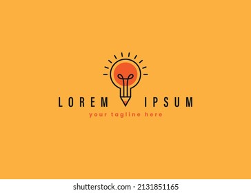 Creative writing, drawing or sketching school, workshop, course logo with light bulb and pencil icon.