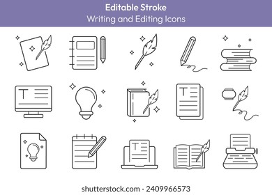 Conjunto de iconos de línea de escritura y edición creativa. Escritura de copia de símbolos de esquema con trazo editable. Lápiz, máquina de escribir, bloc de notas, libro símbolos aislados