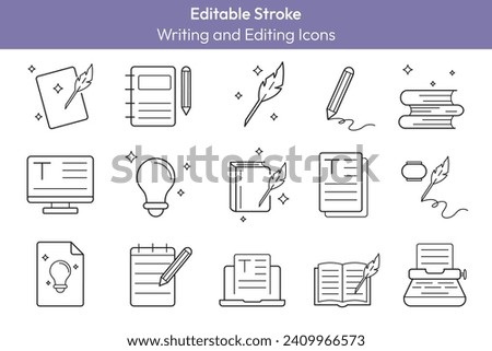 Creative writing and editing line icons set. Copywriting outline symbols with editable stroke. Pencil, typewriter, notepad, book isolated symbols