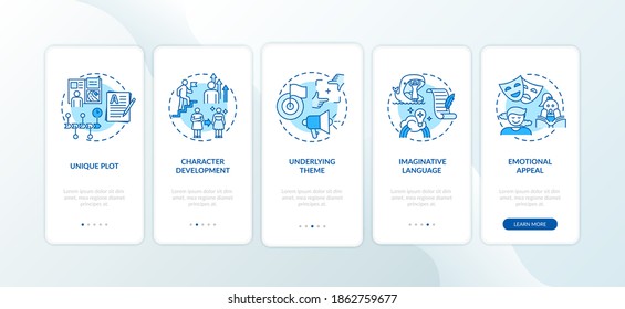 Creative writing elements onboarding mobile app page screen with concepts. Character development process walkthrough 5 steps graphic instructions. UI vector template with RGB color illustrations