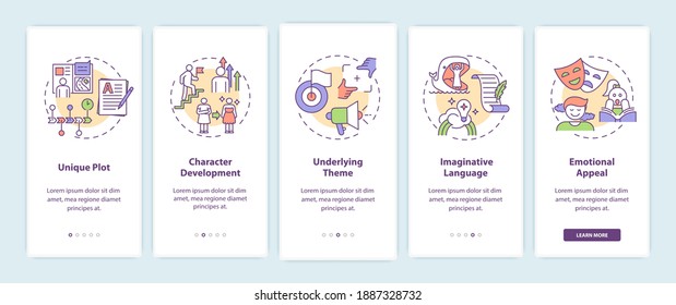 Creative writing elements onboarding mobile app page screen with concepts. Unique plot creation walkthrough 5 steps graphic instructions. UI vector template with RGB color illustrations