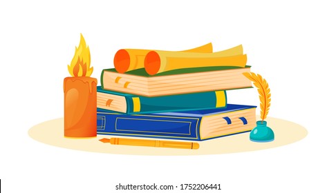 Creative writing flat concept vector illustration. Novel reading. Literature school subject. Storytelling study metaphor. University class. Books stack and inkwell 2D cartoon objects