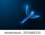 Creative writing, freedom of expression, storytelling, artistic imagination abstract concept with glowing pencil on dark blue background. Futuristic polygonal style. Modern design vector illustration.