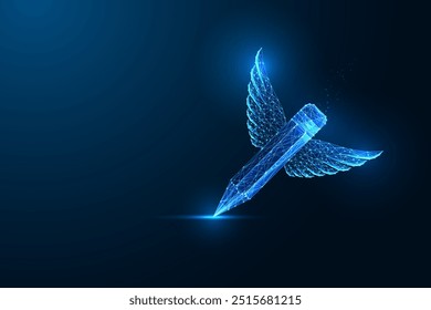 Creative writing, freedom of expression, storytelling, artistic imagination abstract concept with glowing pencil on dark blue background. Futuristic polygonal style. Modern design vector illustration.