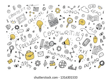 Creative writing for freelance and copywriting web site. Vector doodle outline illustration for landing page and banner