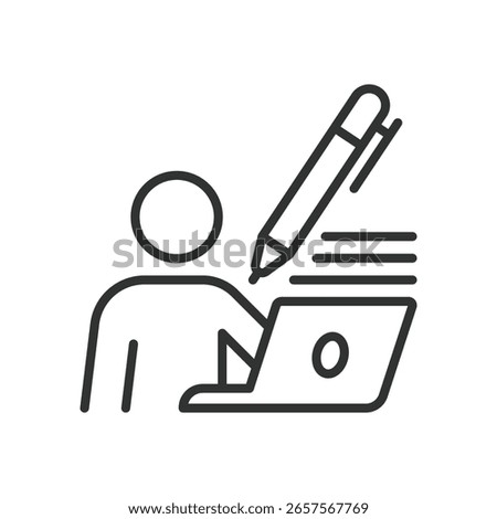 Creative writing, icon in line design. Creative writing, storytelling, imagination, writer, fiction, poetry, novel on white background vector. Creative writing, editable stroke icon