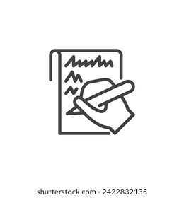 Symbol für kreatives Schreiben. lineares Stilzeichen für mobiles Konzept und Webdesign. Hand mit einem Stift, der Umriss-Vektorsymbol. Symbol, Logo-Abbildung. Vektorgrafik