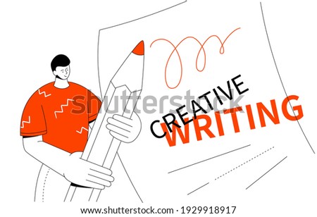 Creative writing - modern colorful line design style web banner with copy space for text. Creativity at work, inspiration idea. A composition with a boy holding a pencil, making notes on a paper