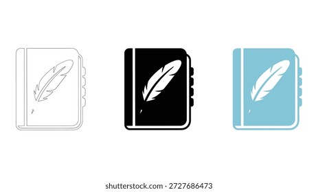Línea de iconos de plumas de cuaderno de escritura creativa, estilos sólidos y coloridos para la educación periodística