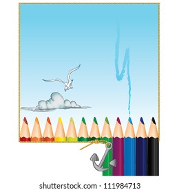 Creative Writing with a pencil, an anchor, rope and a seagull in the sky. Vector illustration.
