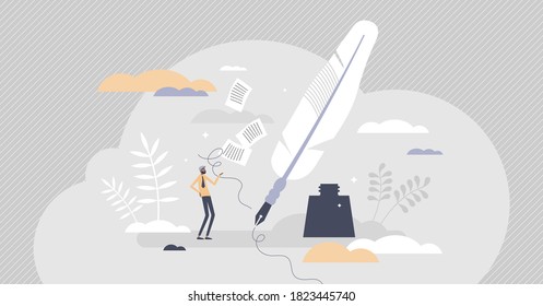 Creative writing as poem or novel author artistic process tiny person concept. Artist imagination fixation with abstract symbolic feather and ink vector illustration. Classical redactor activity scene