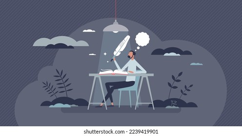 Creative writing process and author typing content scene tiny person concept. Copywriter work project with literature book or new publication message creation vector illustration. Artist write story.