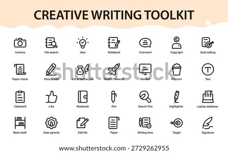 Creative Writing Productivity Icons for Editing, Research and Publishing with Goals, Files, Search, Devices and Office Tools