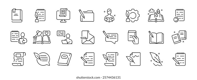 Creative writing and reading line icons set: books, notebooks, people, and more. Vector icon