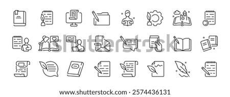 Creative writing and reading line icons set: books, notebooks, people, and more. Vector icon