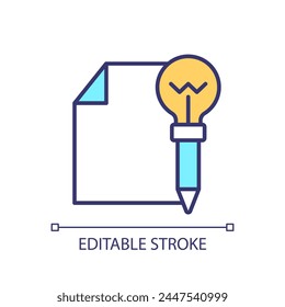 Creative writing RGB color icon. Paper and pen with lightbulb. Creative process. Taking notes. Brainstorming symbol. Isolated vector illustration. Simple filled line drawing. Editable stroke