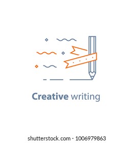 Creative writing, storytelling concept, pencil and ribbon, copywriting, vector line icon